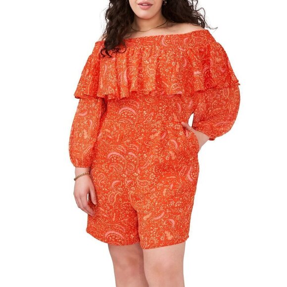1.State Off Shoulder Romper Women's Plus Size 3X Orange Paisley Lined Ruffle - Picture 1 of 11